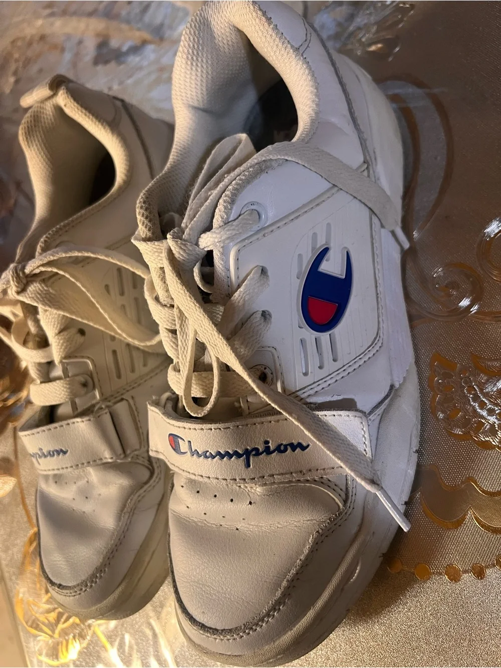 Champion Kids White Sneakers with Navy & Red Logo Accents